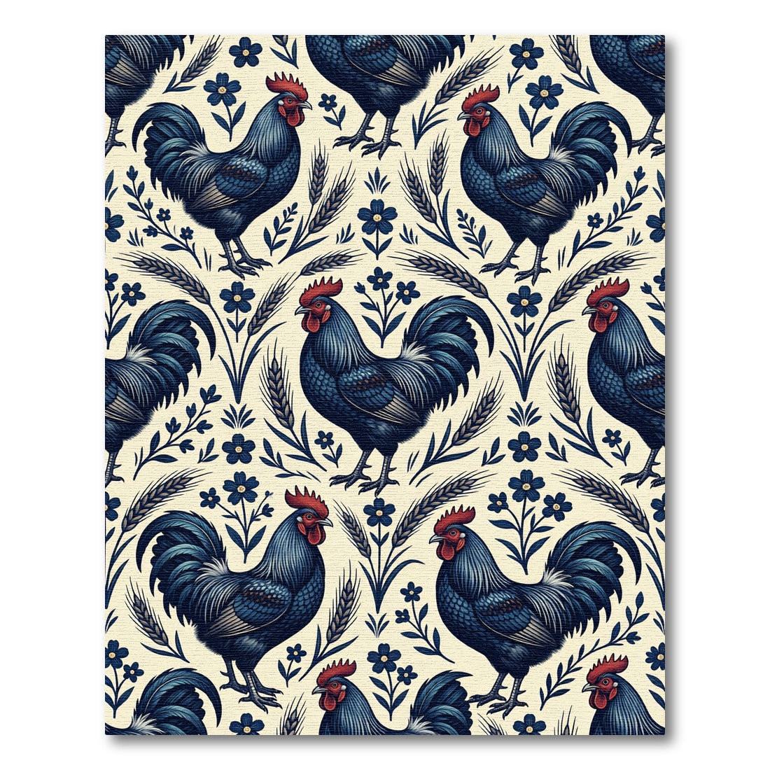 Navy Blue Rooster Floral Wheat Folk Rug