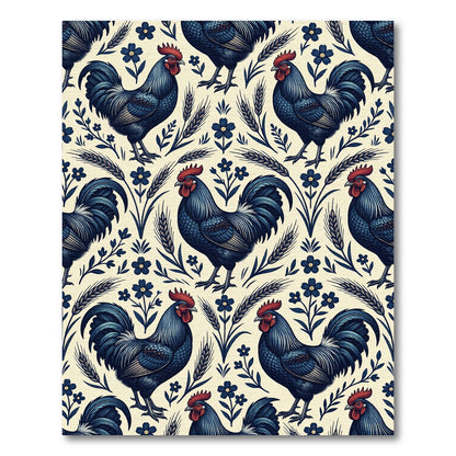 Navy Blue Rooster Floral Wheat Folk Rug