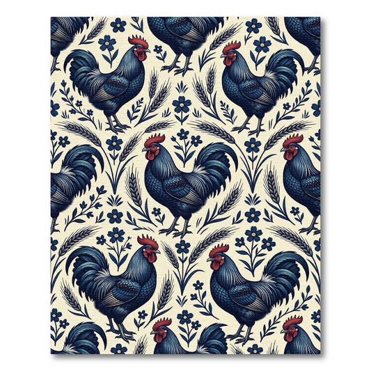 Navy Blue Rooster Floral Wheat Folk Rug