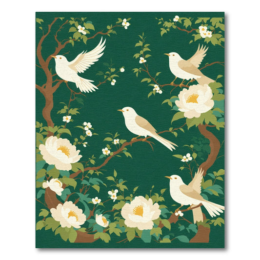 Cream Birds White Flowers Dark Green Forest Rug