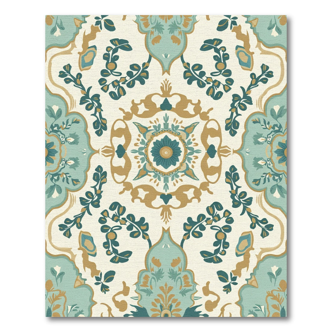 Aqua Gold Floral Medallion Tapestry Rug