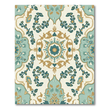 Aqua Gold Floral Medallion Tapestry Rug