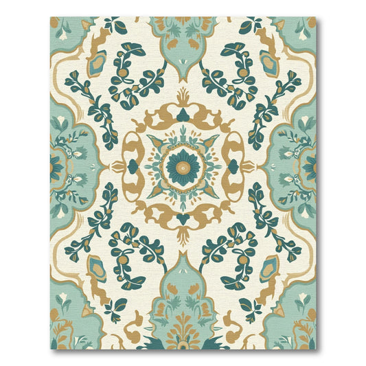 Aqua Gold Floral Medallion Tapestry Rug