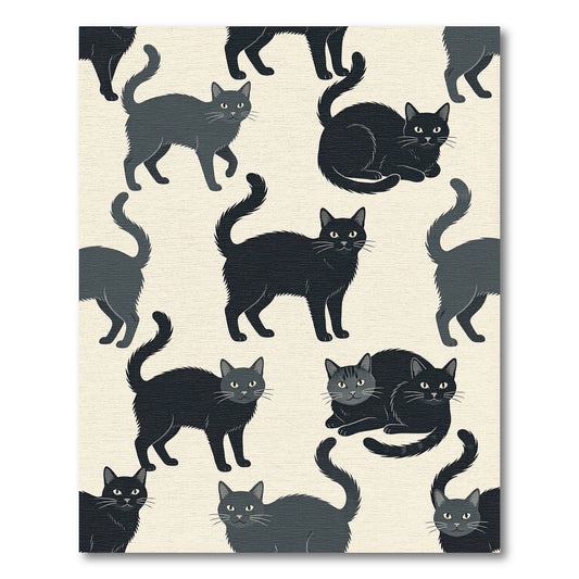 Whimsical Black Silhouette Cat Illustration Rug