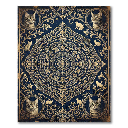 Ornate Royal Blue Golden Cat Medallion Rug