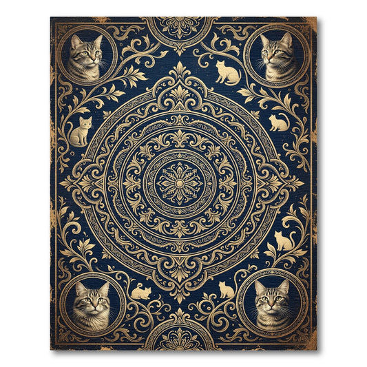 Ornate Royal Blue Golden Cat Medallion Rug