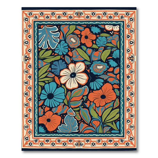 Bold Orange Blue Floral Garden Border Rug