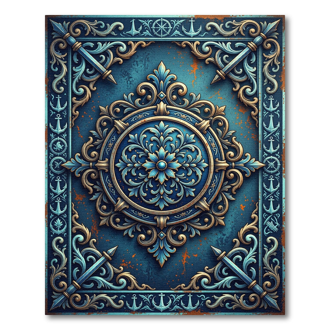 Ornate Blue Nautical Compass Medallion Rug