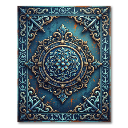Ornate Blue Nautical Compass Medallion Rug