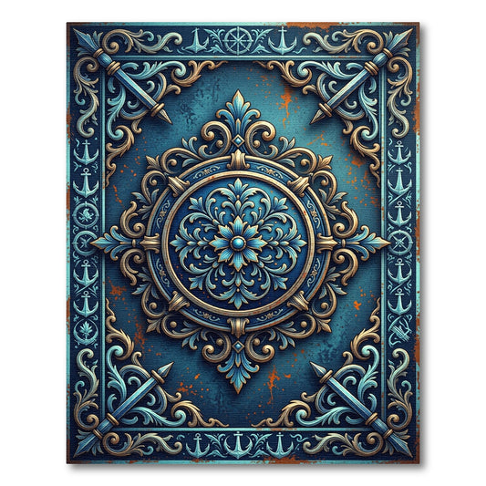 Ornate Blue Nautical Compass Medallion Rug