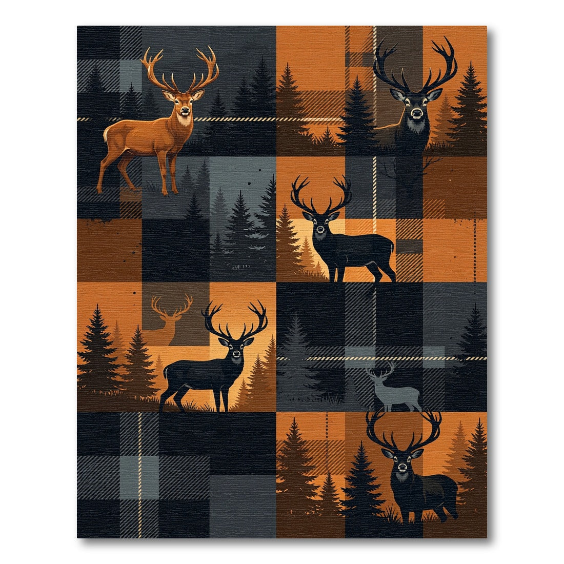 Rustic Deer Plaid Forest Silhouette Rug