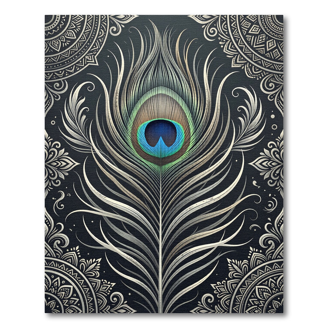 Elegant Peacock Feather Gold Mandala Rug