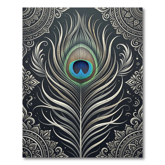 Elegant Peacock Feather Gold Mandala Rug
