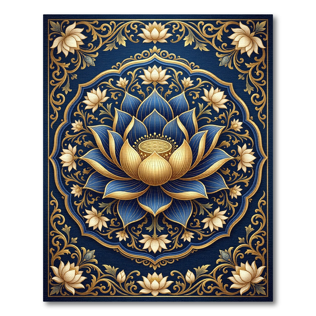 Elegant Gold and Navy Lotus Mandala Rug
