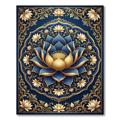 Elegant Gold and Navy Lotus Mandala Rug