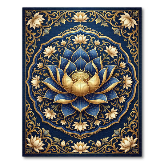 Elegant Gold and Navy Lotus Mandala Rug