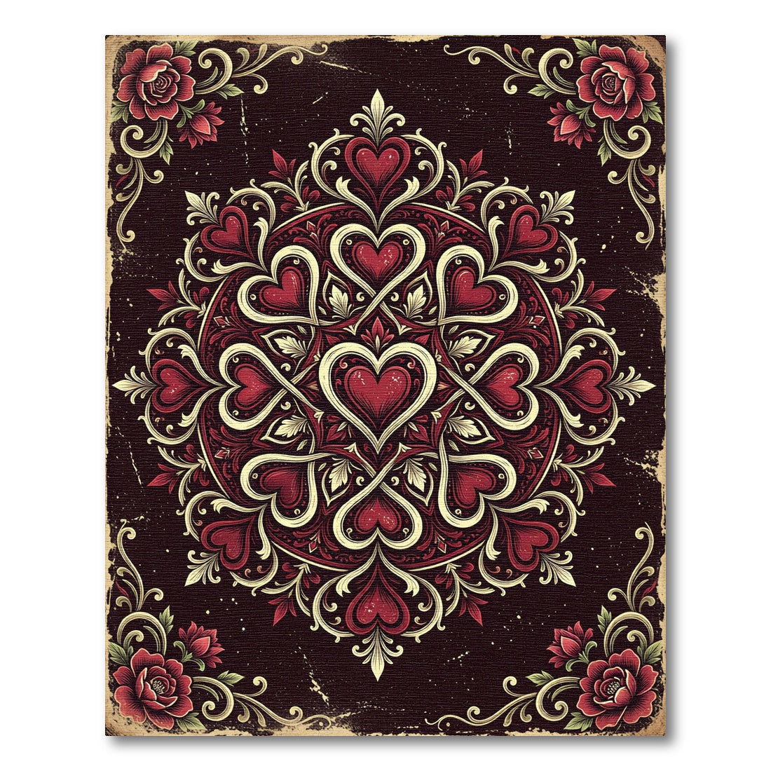 Ornate Crimson Heart Damask Medallion Rug