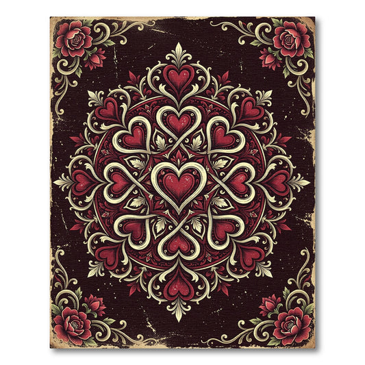 Ornate Crimson Heart Damask Medallion Rug