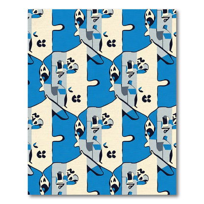 Modern Geometric Blue Puzzle Faces Rug