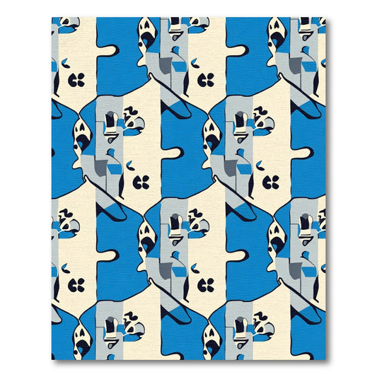 Modern Geometric Blue Puzzle Faces Rug