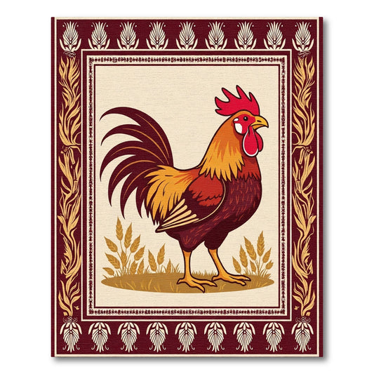Rustic Crimson Rooster Wheat Border Rug