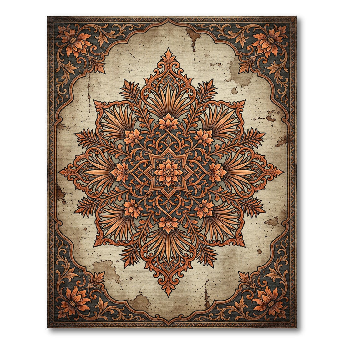 Ornate Copper Floral Damask Medallion Rug
