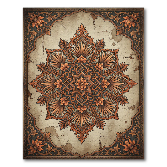 Ornate Copper Floral Damask Medallion Rug