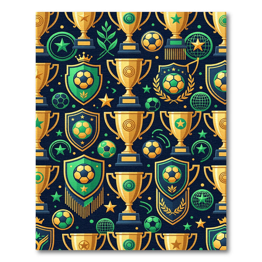 Vibrant Golden Soccer Victory Trophies Rug