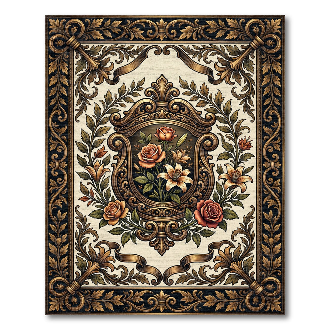Antique Gold Ornate Rose Lily Medallion Rug