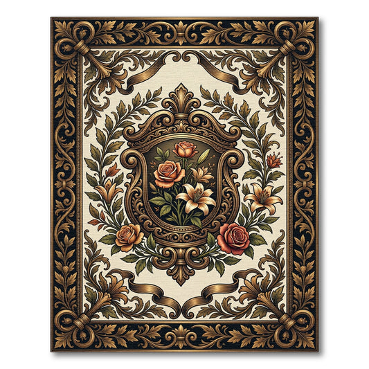Antique Gold Ornate Rose Lily Medallion Rug