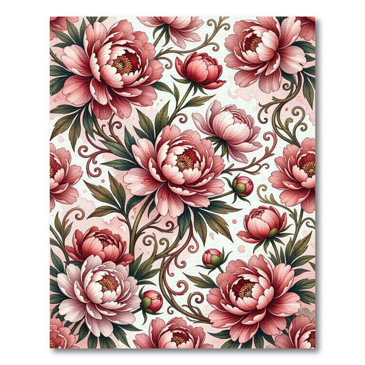 Romantic Pink Peony Floral Scroll Rug