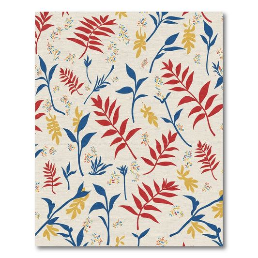 Leafy Scarlet Blue Ochre Botanical Arrangement Rug