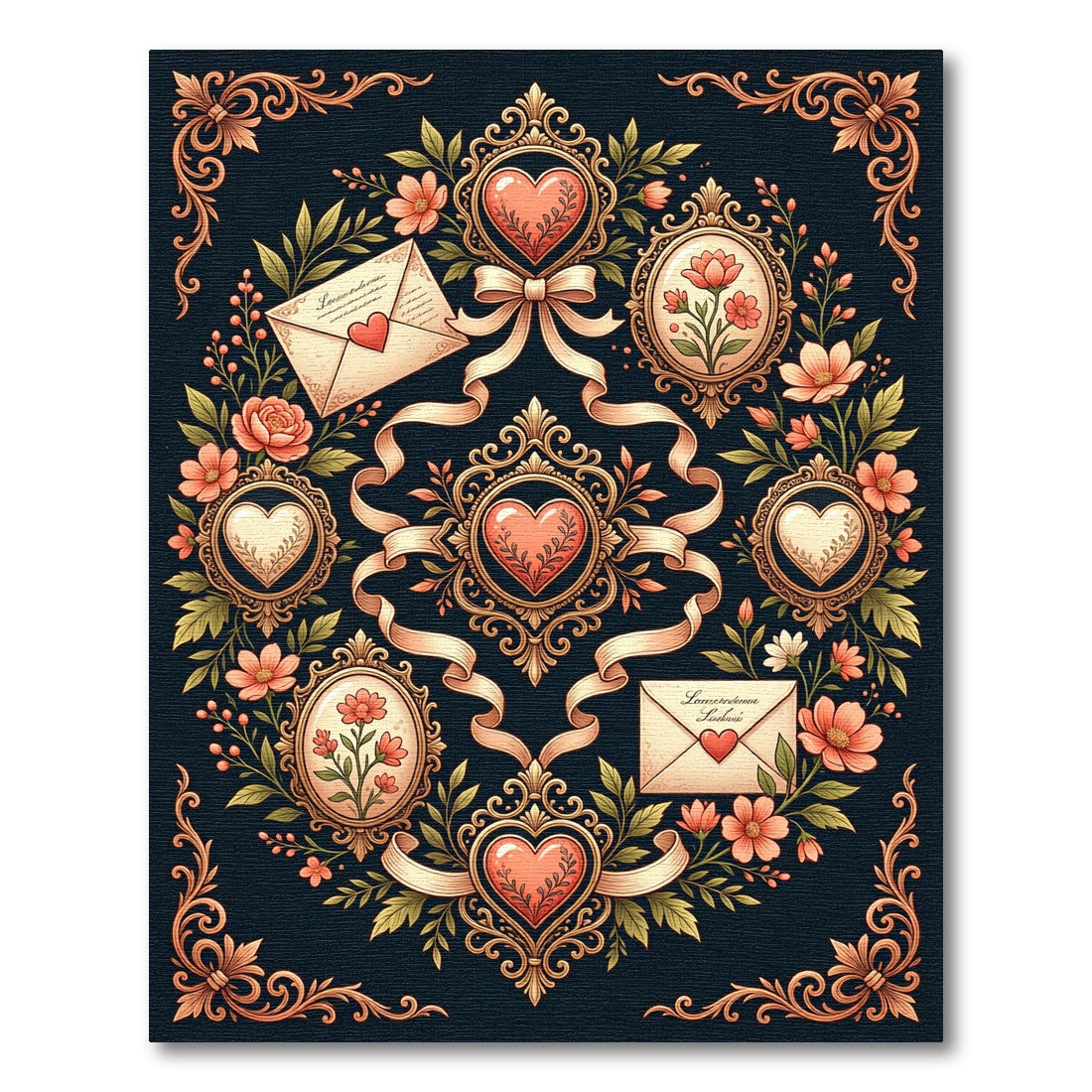 Vintage Floral Heart Scrolls And Ribbons Rug