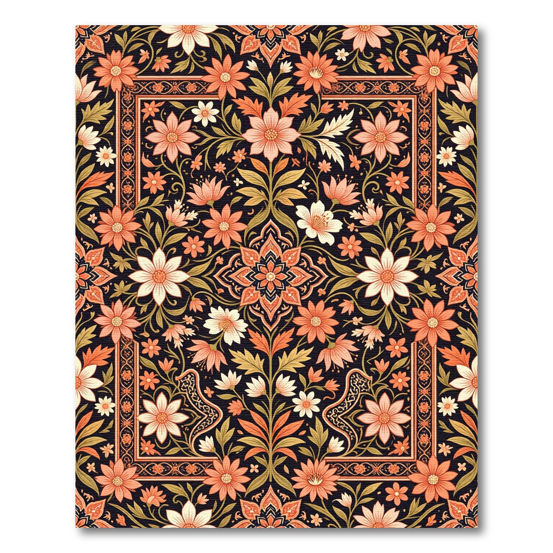 Coral Floral Medallion Dark Botanical Rug