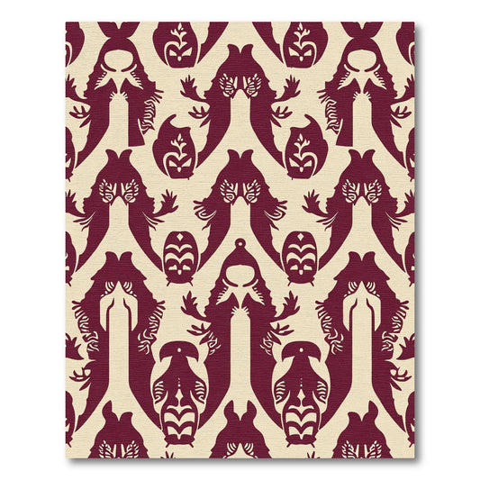 Crimson Stylized Figures Repeating Pattern Rug