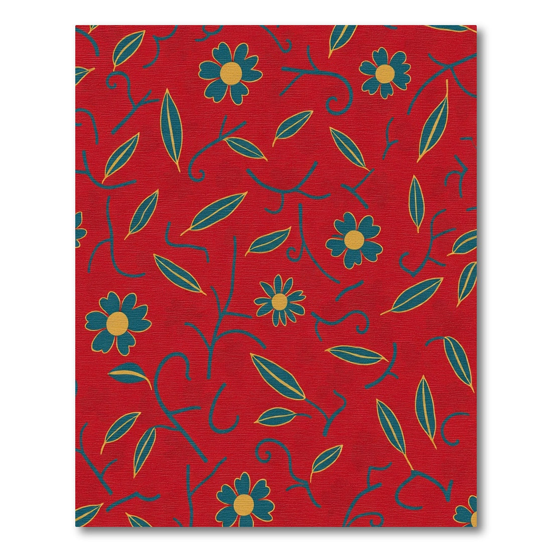 Red Teal Floral Foliage Whimsical Rug