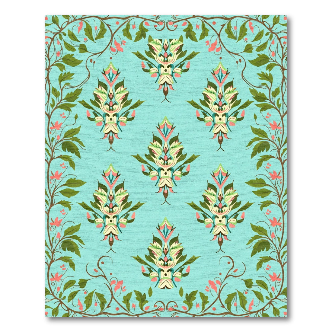 Teal Floral Damask Scrollwork Rug