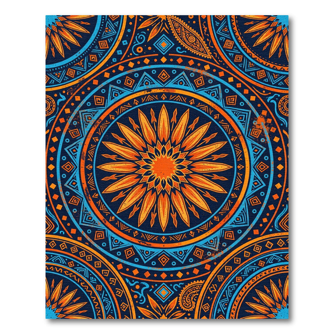 Vibrant Orange Blue Sunburst Mandala Rug