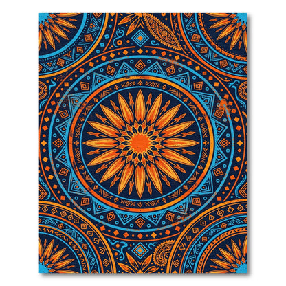 Vibrant Orange Blue Sunburst Mandala Rug