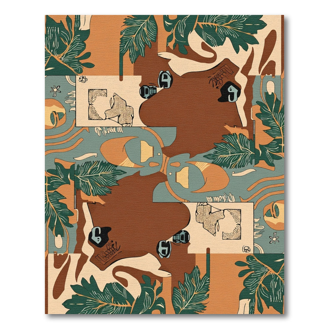 Brown Ochre Green Abstract Leaf Collage Rug