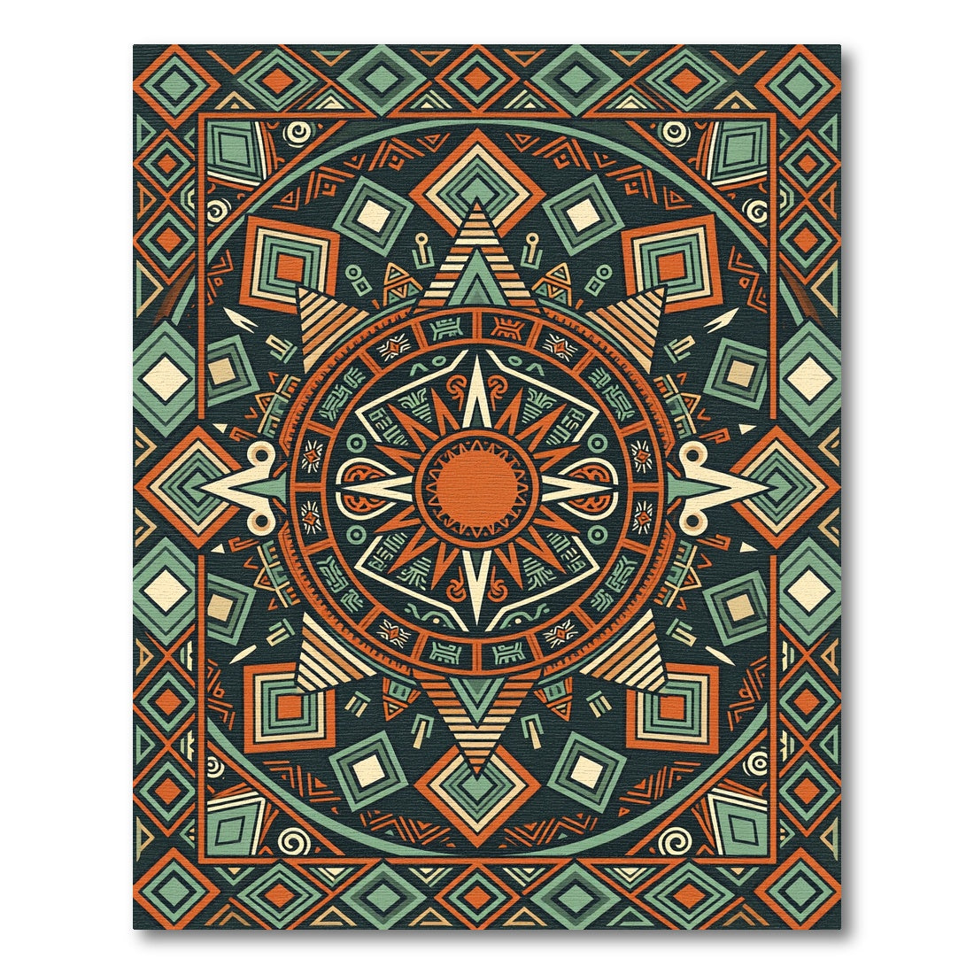 Geometric Sunburst Aztec Teal Orange Art Rug
