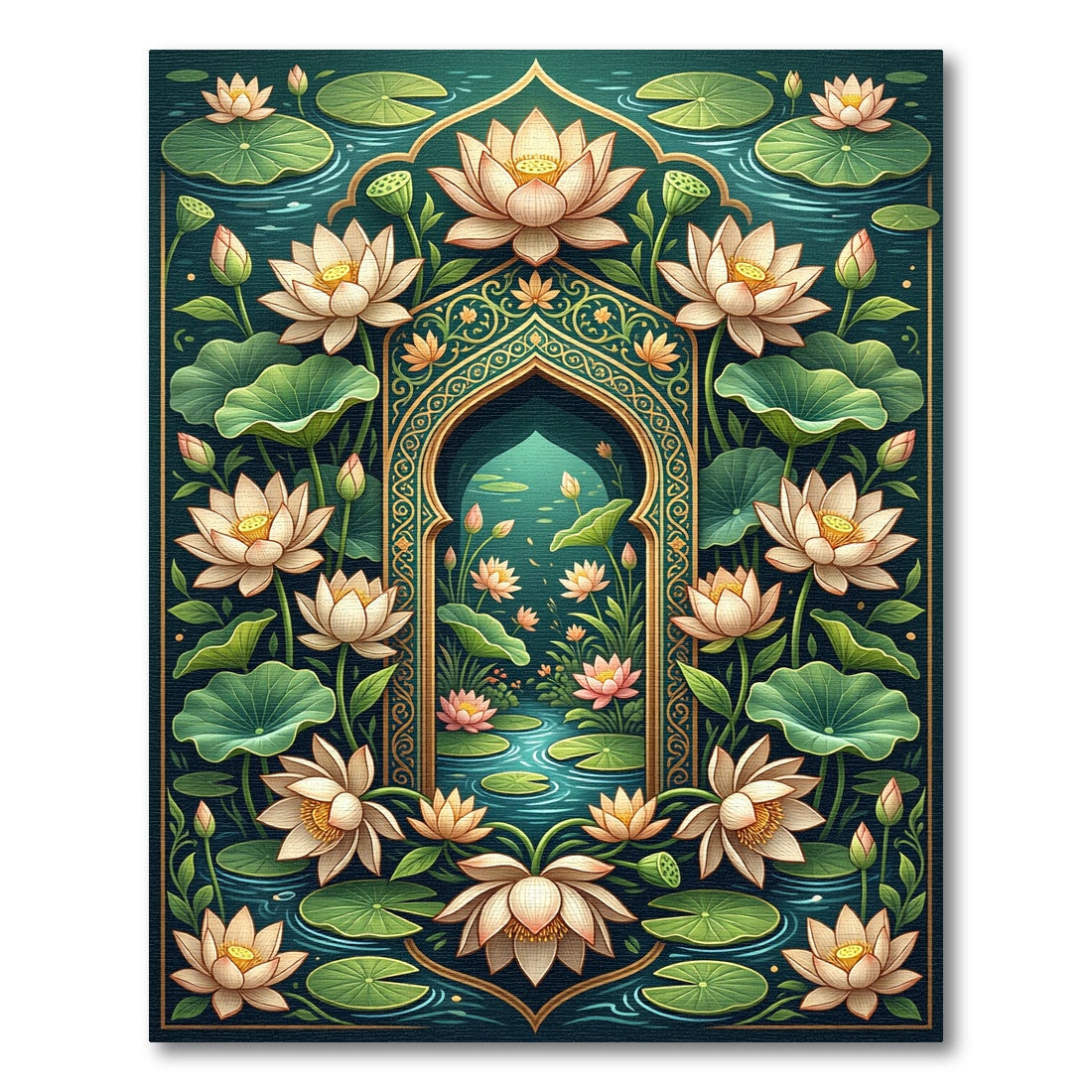 Golden Lotus Arch Teal Botanical Rug