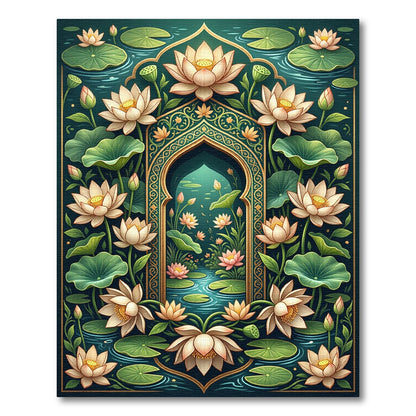 Golden Lotus Arch Teal Botanical Rug