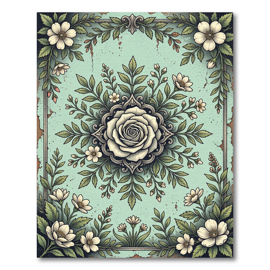 Sage Floral Rose Medallion Botanical Illustration Rug