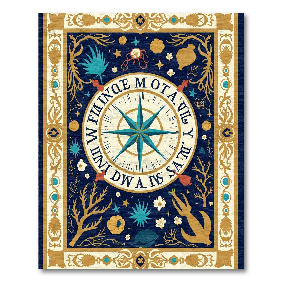 Navy Blue Golden Compass Nautical Art Rug