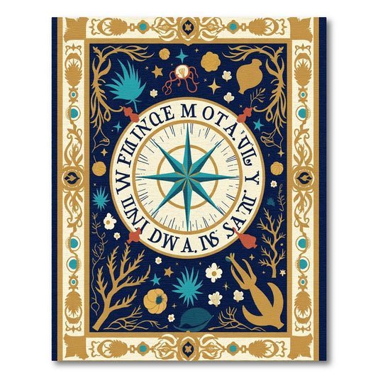 Navy Blue Golden Compass Nautical Art Rug