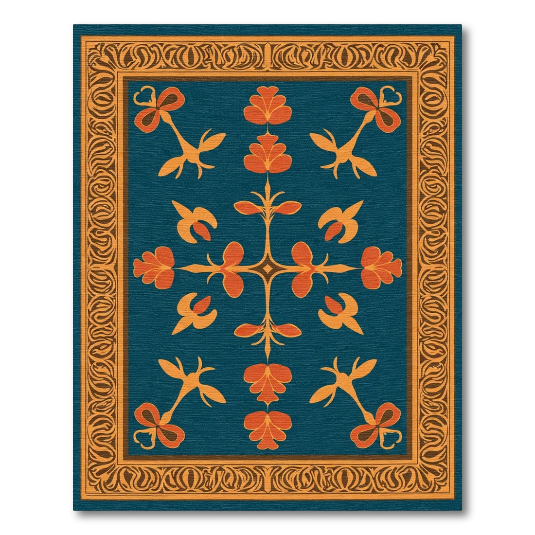 Teal Orange Floral Garden Border Rug