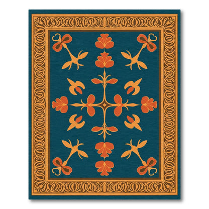 Teal Orange Floral Garden Border Rug