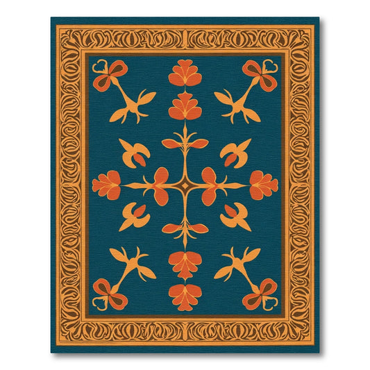 Teal Orange Floral Garden Border Rug