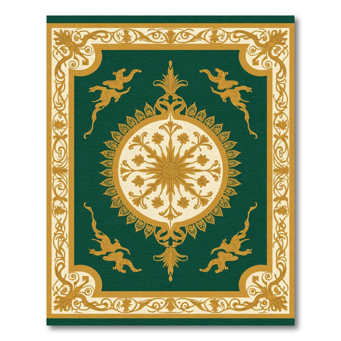 Ornate Gold Griffin Emerald Medallion Rug